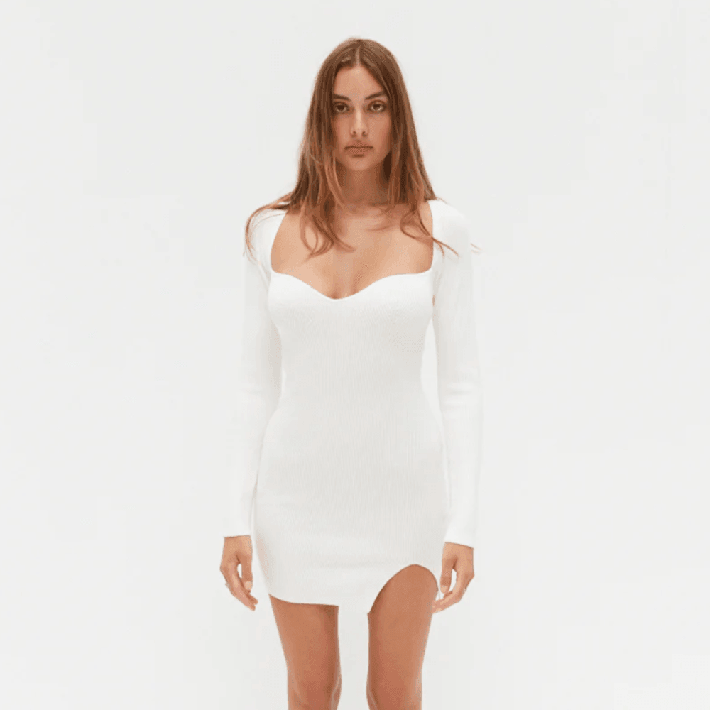 Shoreside Long Sleeve Knitted White Mini Dress
