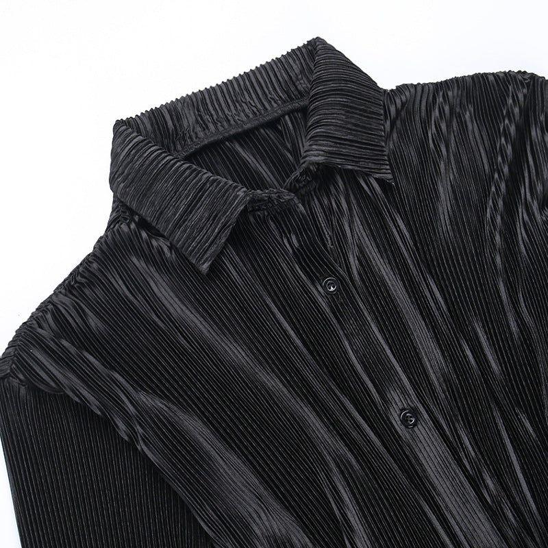 Simona Pleated Black Shirt Mini Dress