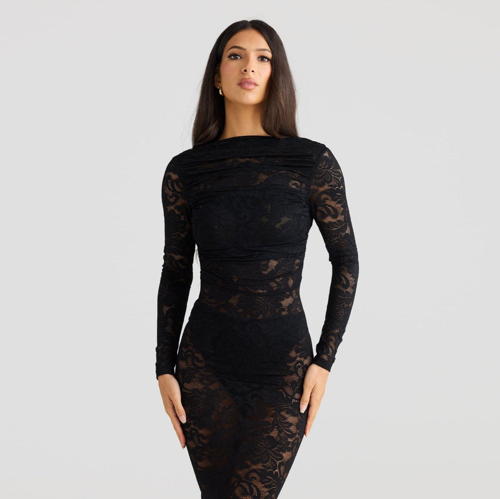 Stella Lace Backless Sculpting Ruched Black Maxi Dress