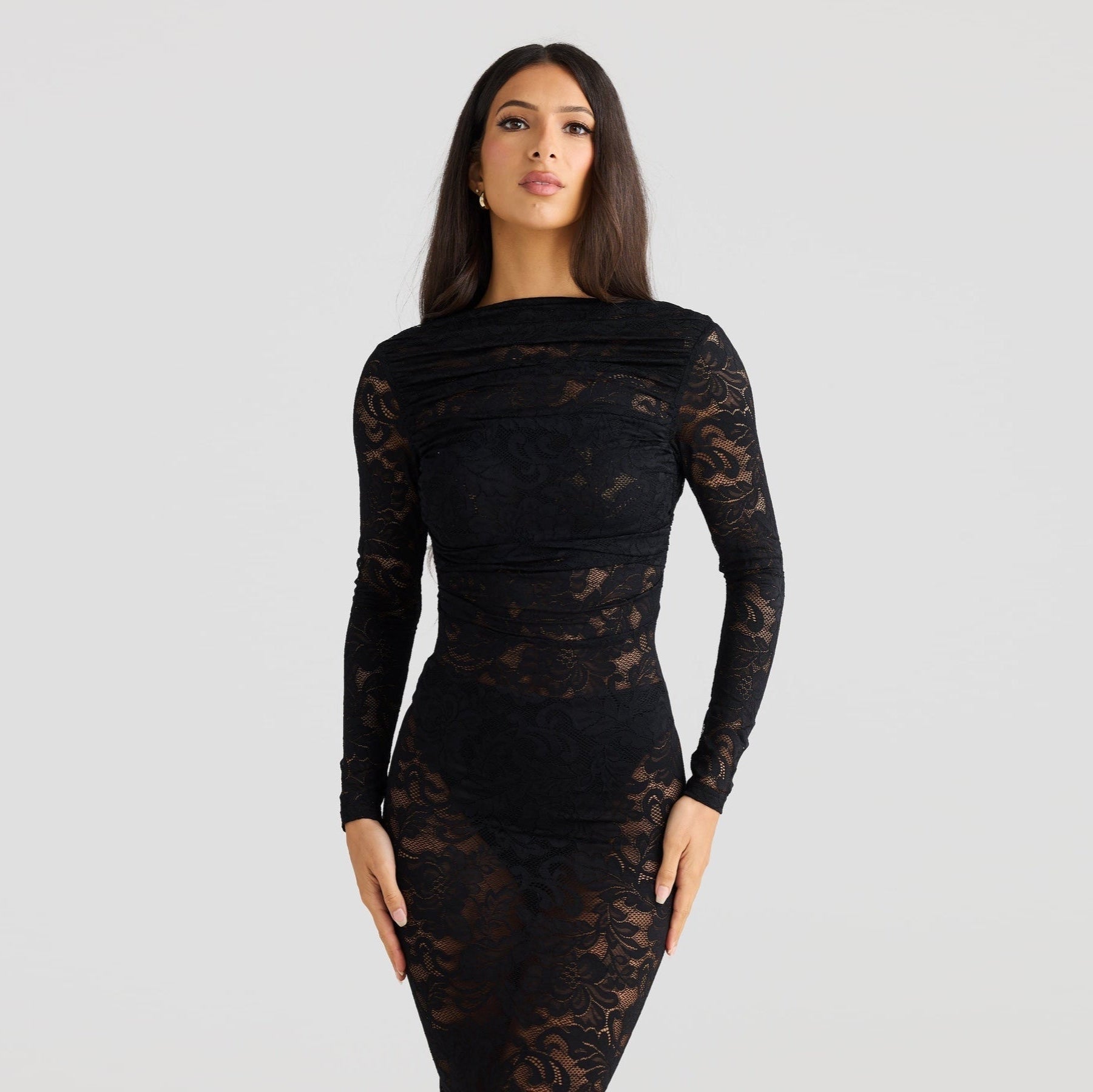 Stella Lace Backless Sculpting Ruched Black Maxi Dress