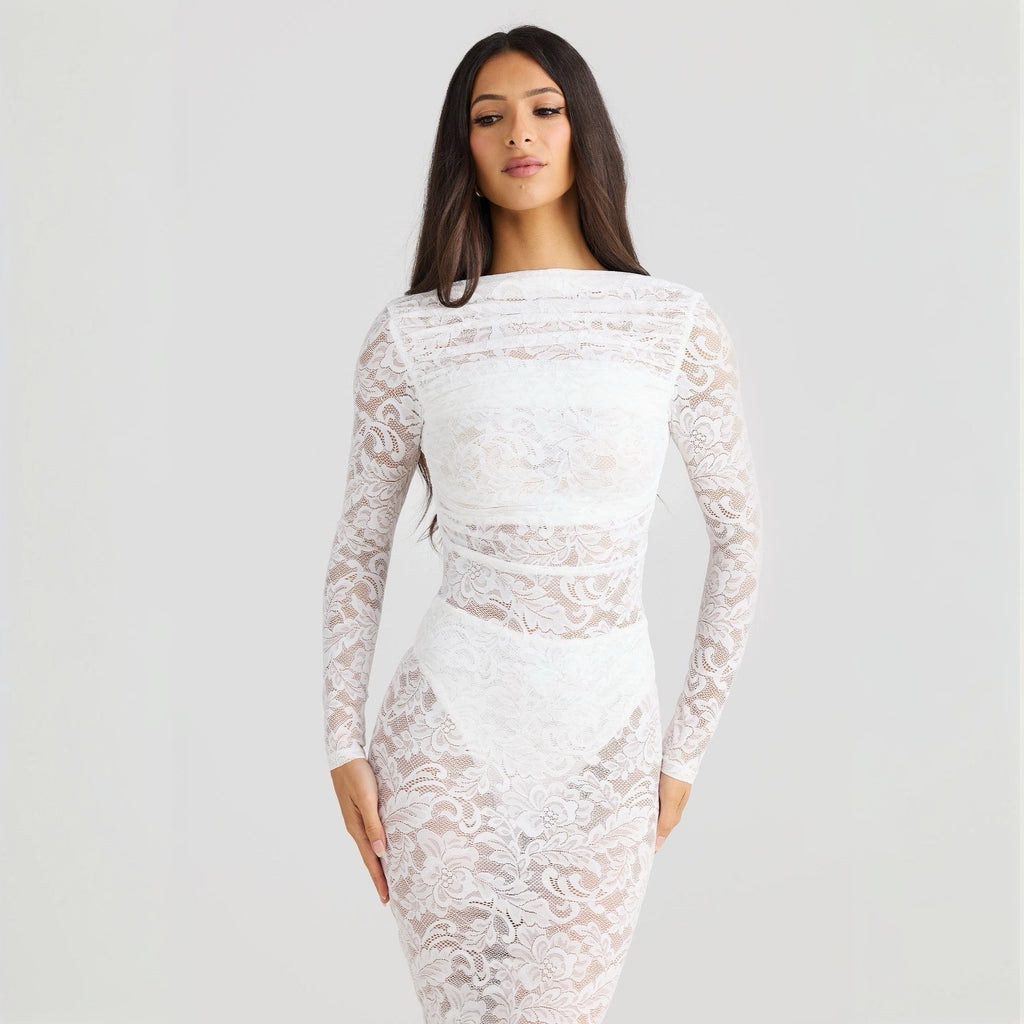 Stella Lace Backless Sculpting Ruched White Maxi Dress
