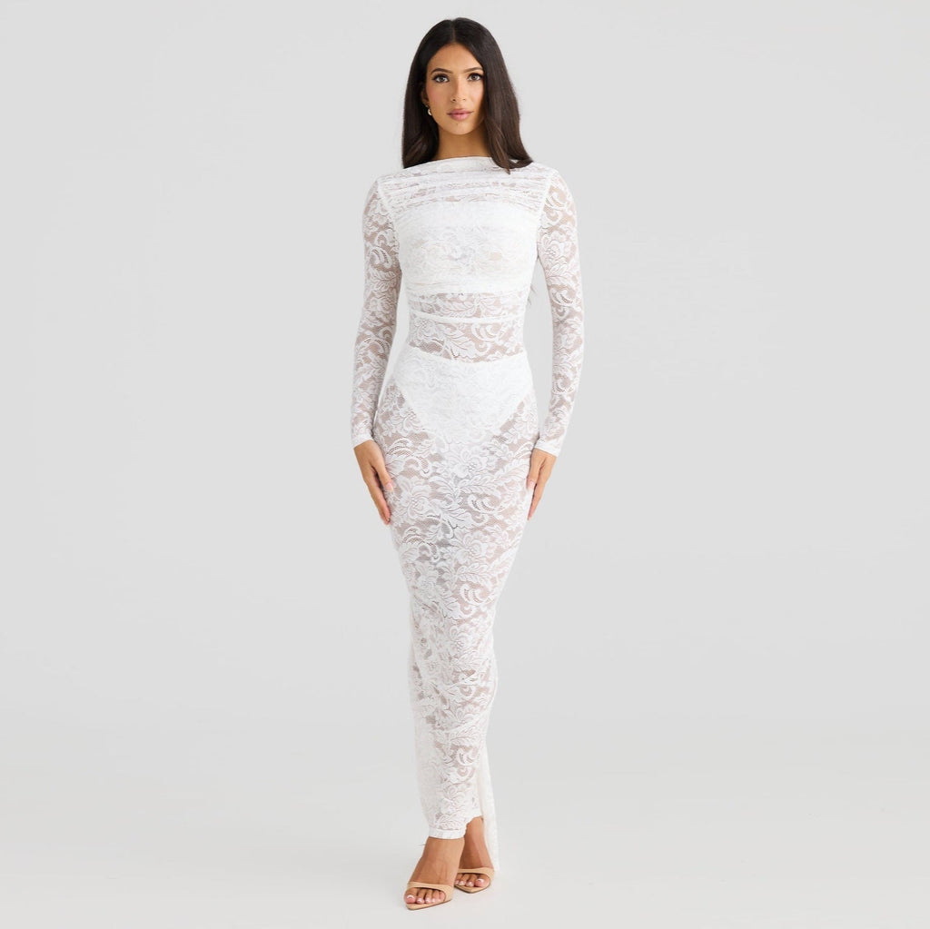 Stella Lace Backless Sculpting Ruched White Maxi Dress
