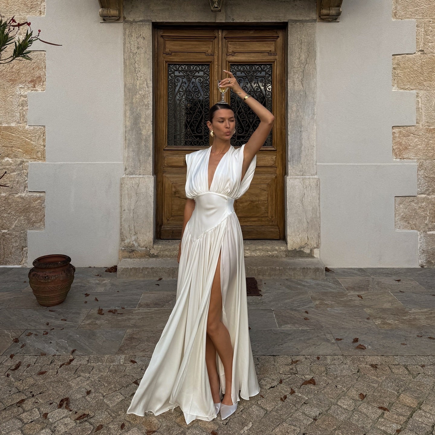 Stolen Glance White Draped Satin Maxi Dress