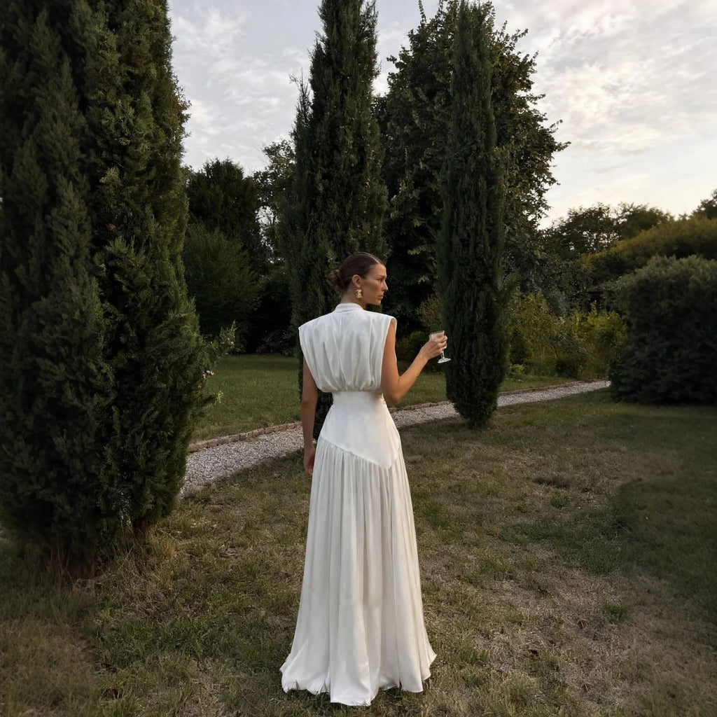 Stolen Glance White Draped Satin Maxi Dress