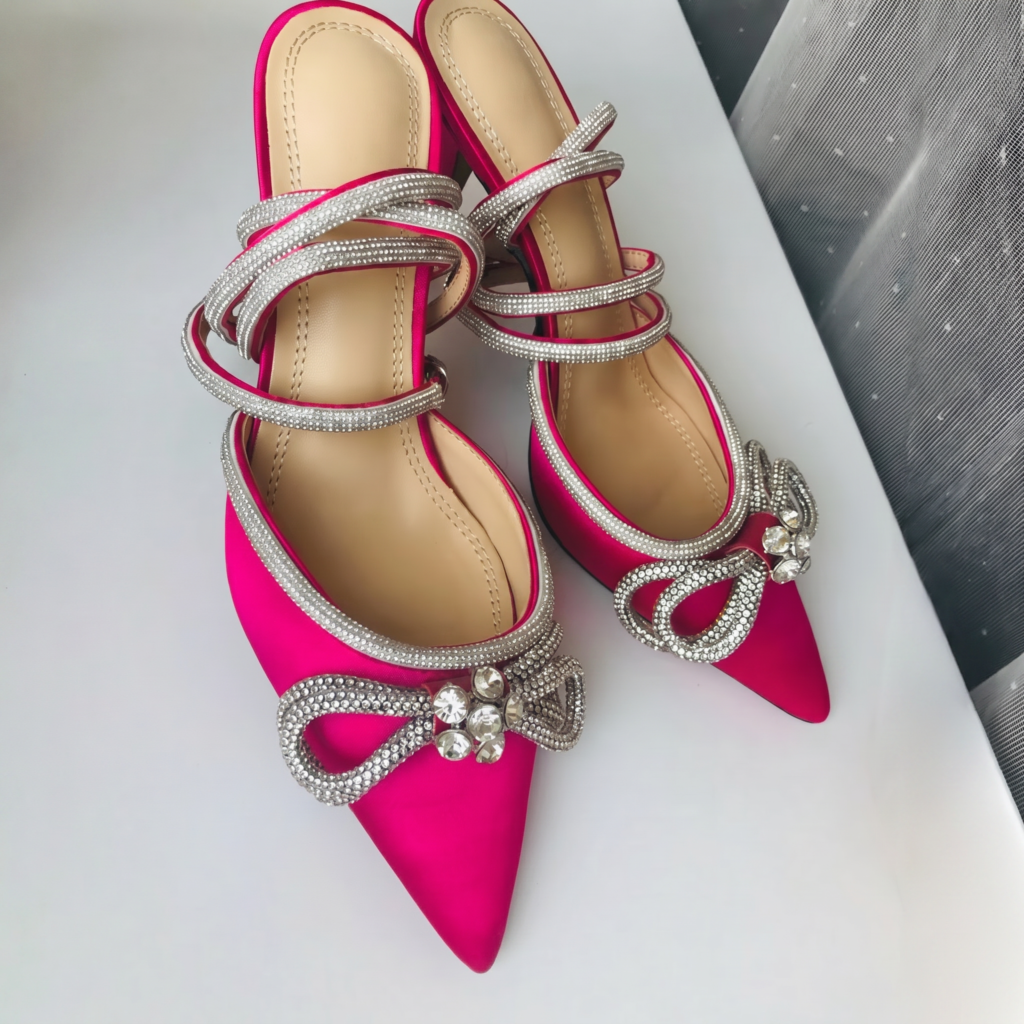 Sugarcoat Hot Pink Crystal Bow Satin Pumps