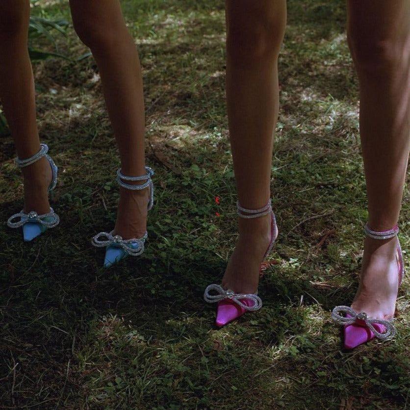 Sugarcoat Hot Pink Crystal Bow Satin Pumps