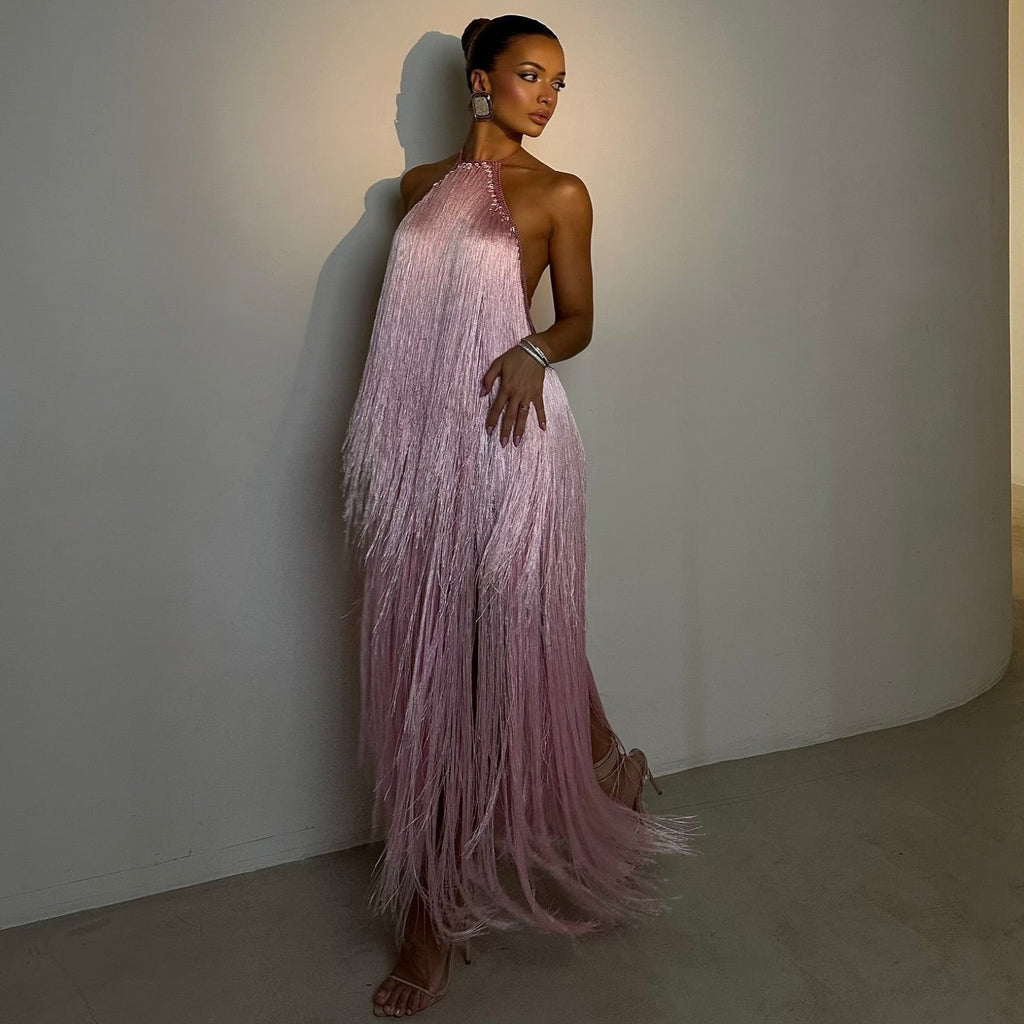Veiled In Love Pink Fringe Halter Maxi Dress