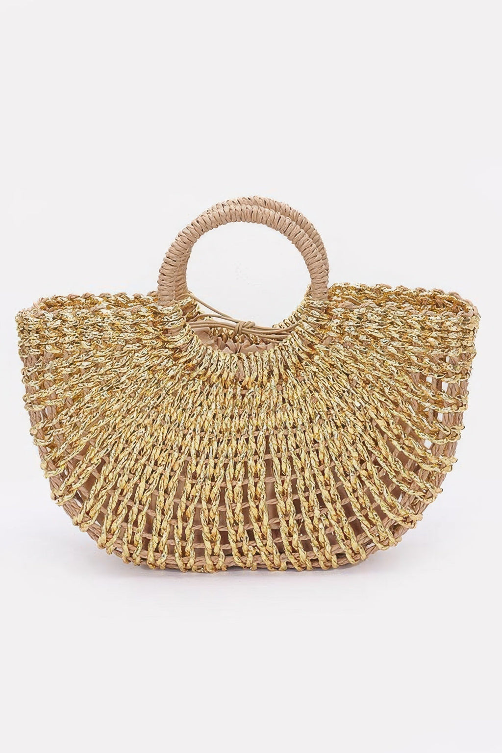 Metallic Faux Straw Tote Bag W Pouch