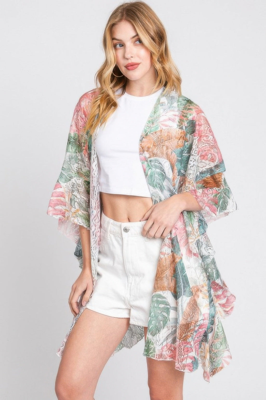 Ruffle Lined Tropical Leaves Print Open Frontcover