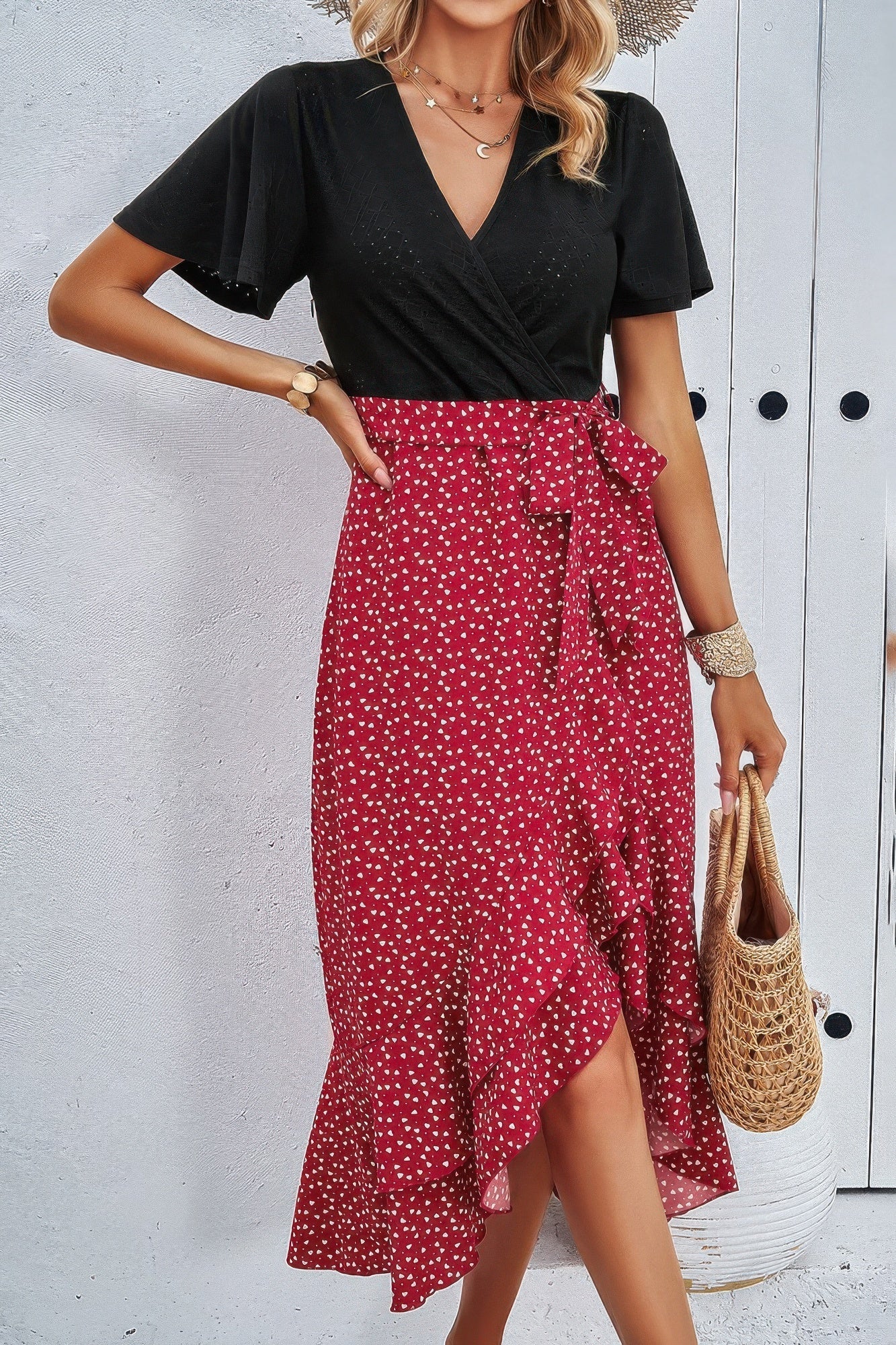 Cross Color Block Lace V Neck Belt Print Dress