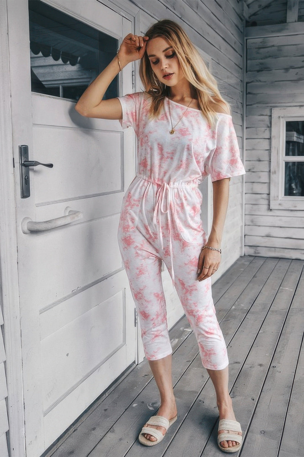 Tie Dye One Shoulder Drawstring Fit Jumpsuit
