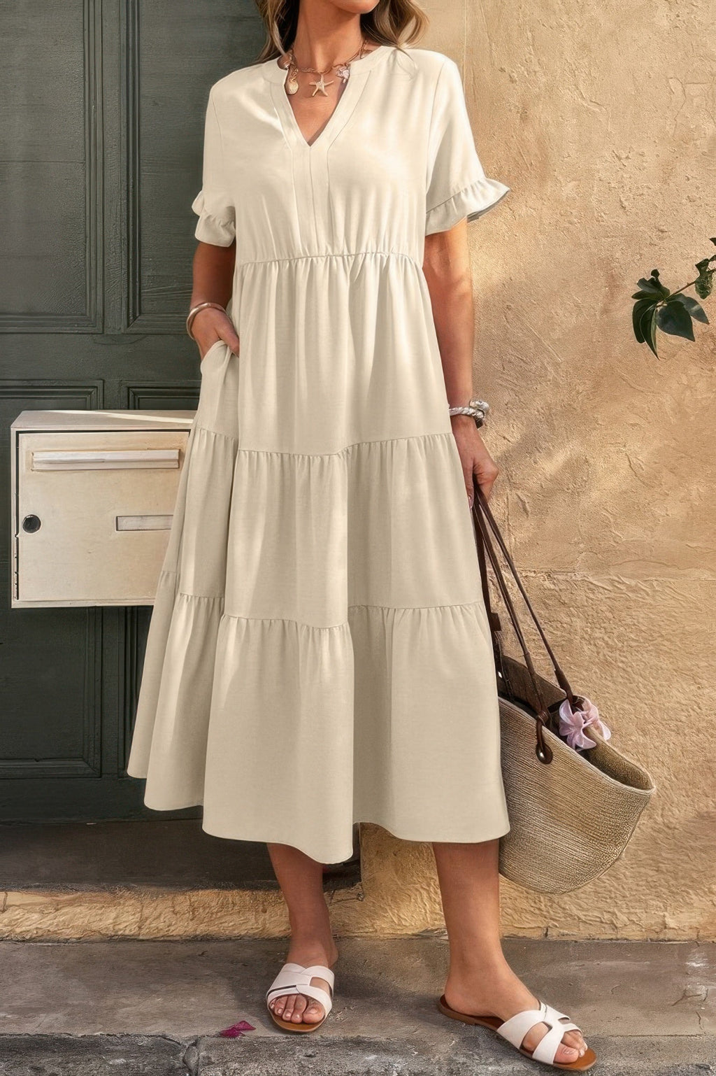 Solid V Neck A Line Ruffle Hem Pleated Dress