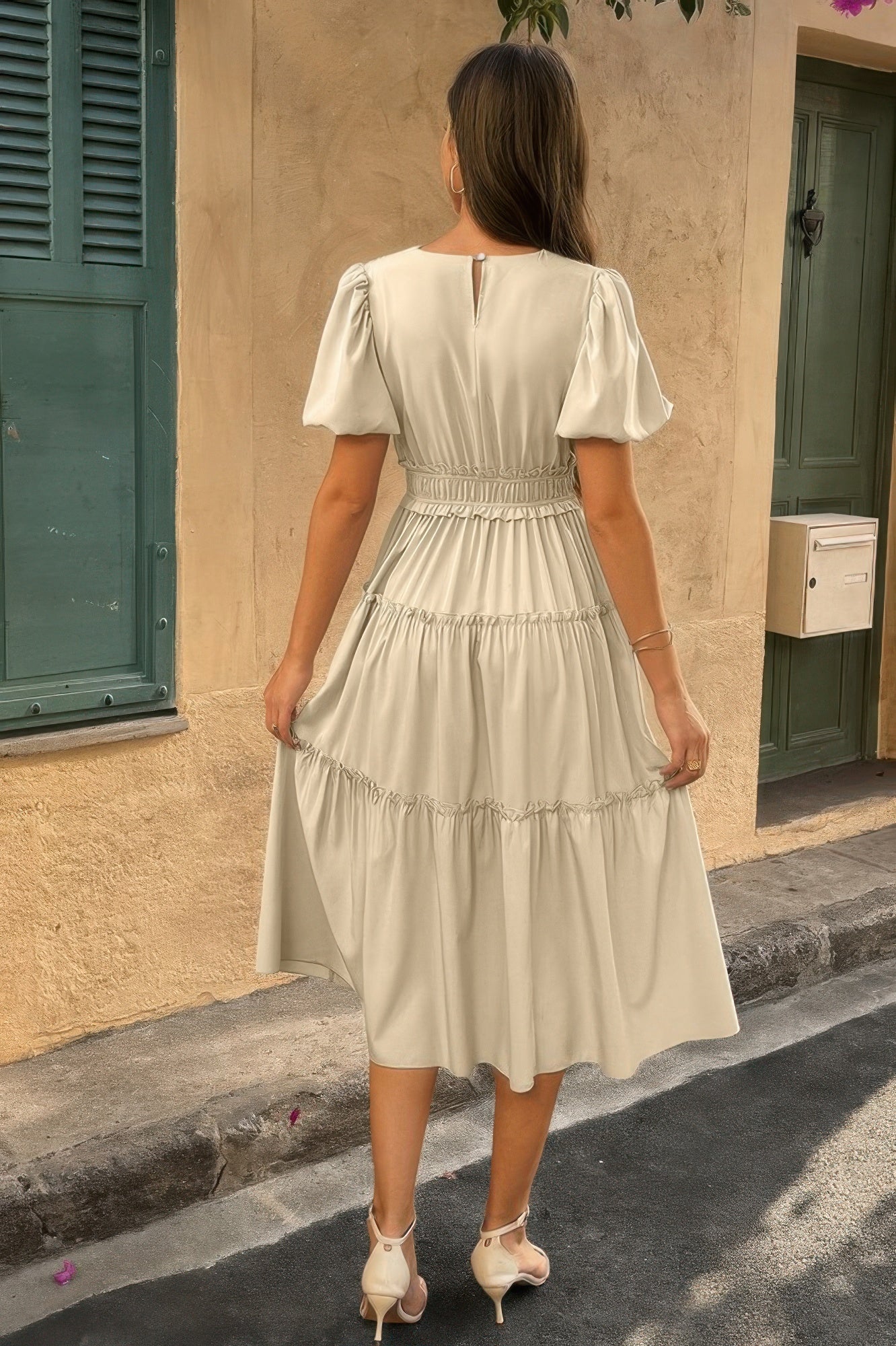 Solid Color Block Puff Sleeve Elastic Waist Dress