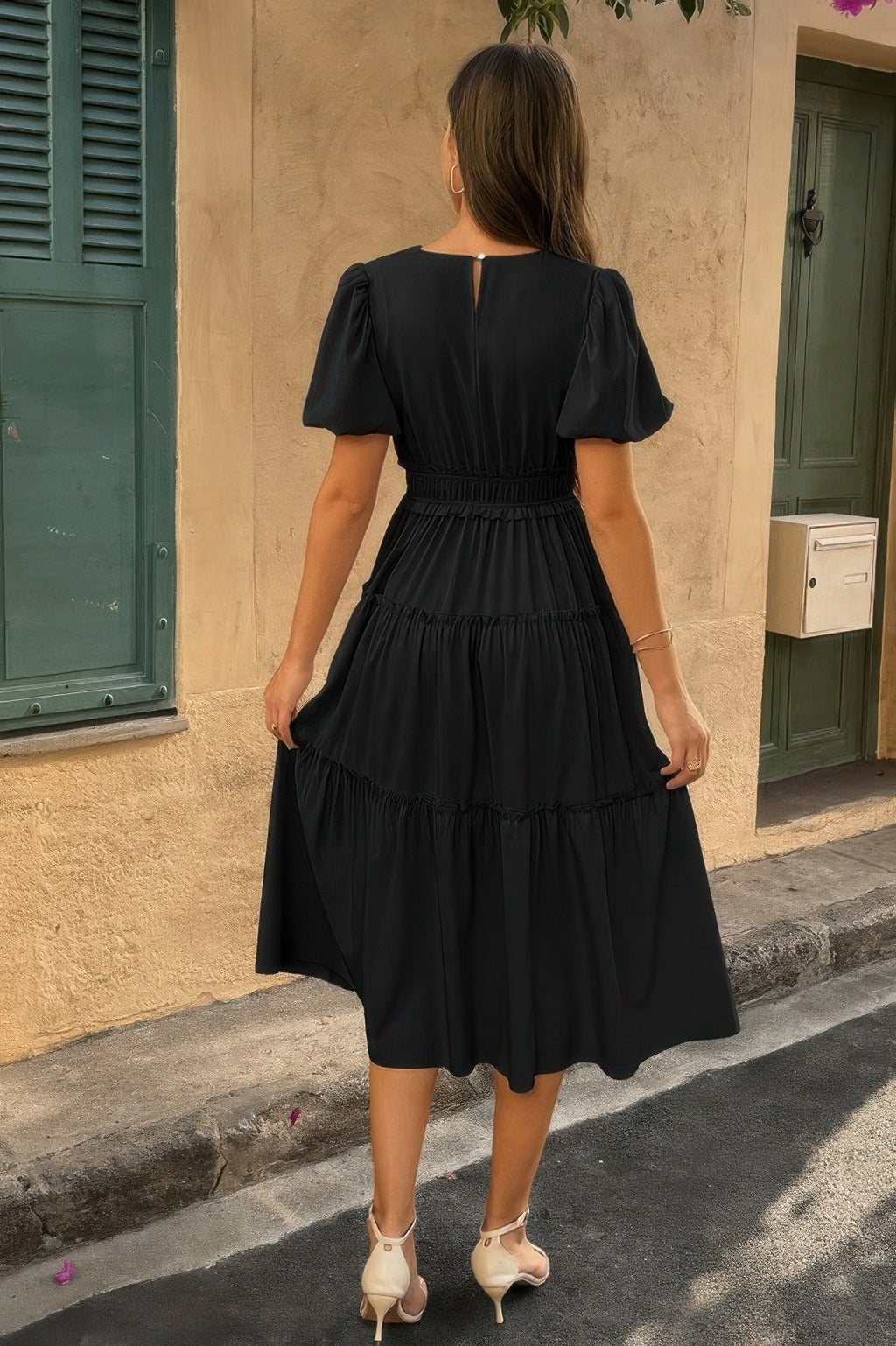 Solid Color Block Puff Sleeve Elastic Waist Dress