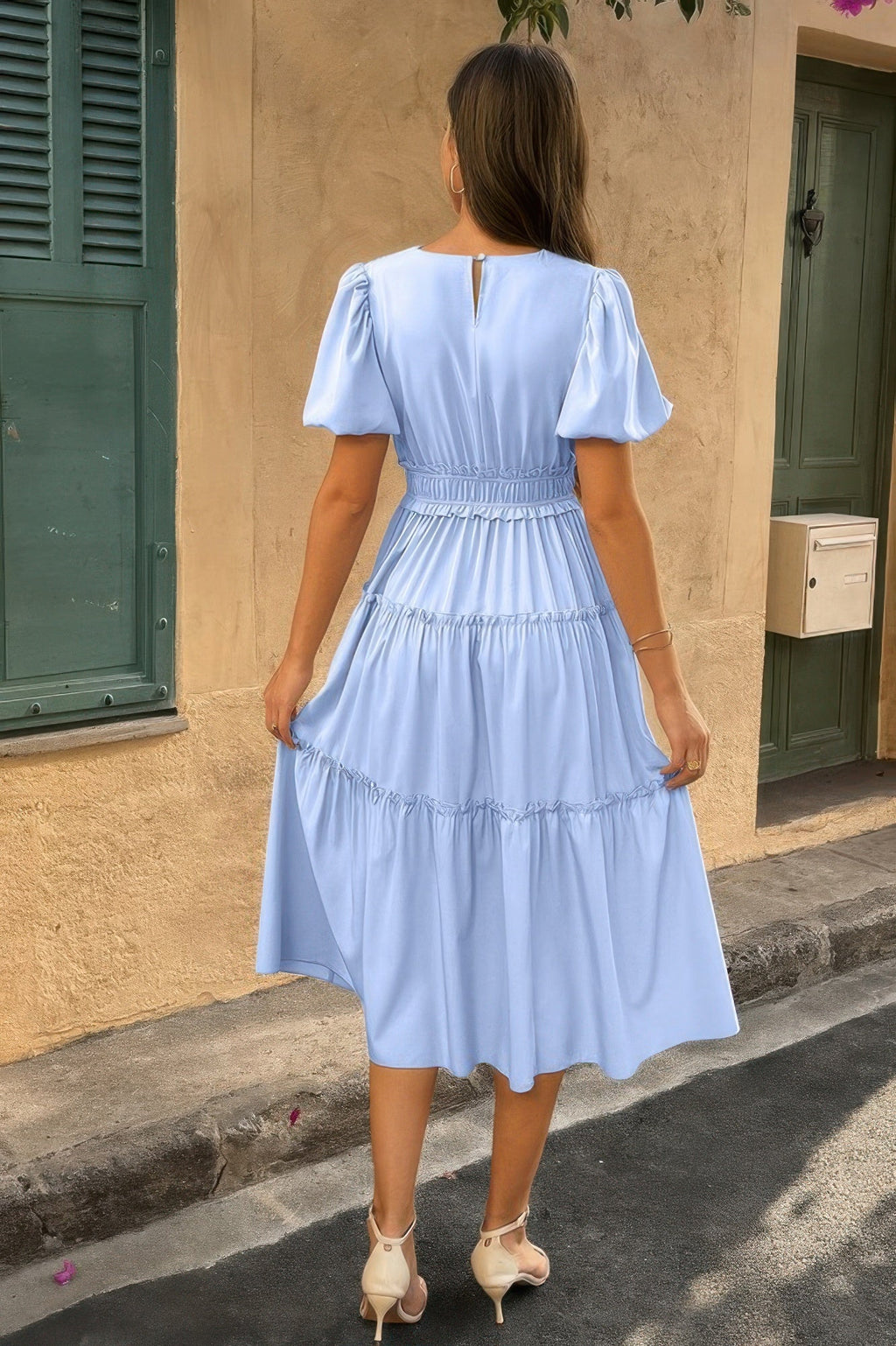 Solid Color Block Puff Sleeve Elastic Waist Dress