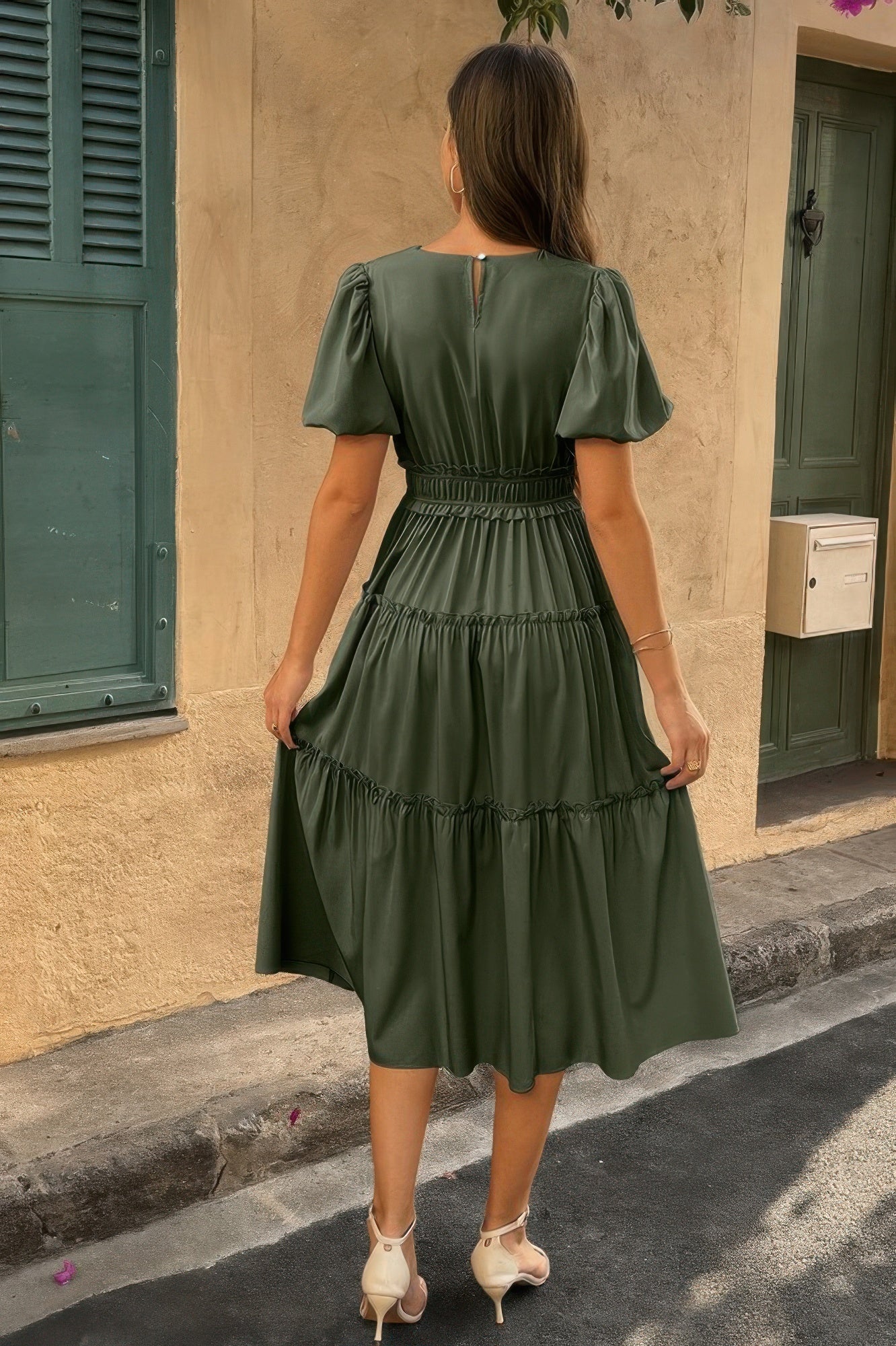 Solid Color Block Puff Sleeve Elastic Waist Dress