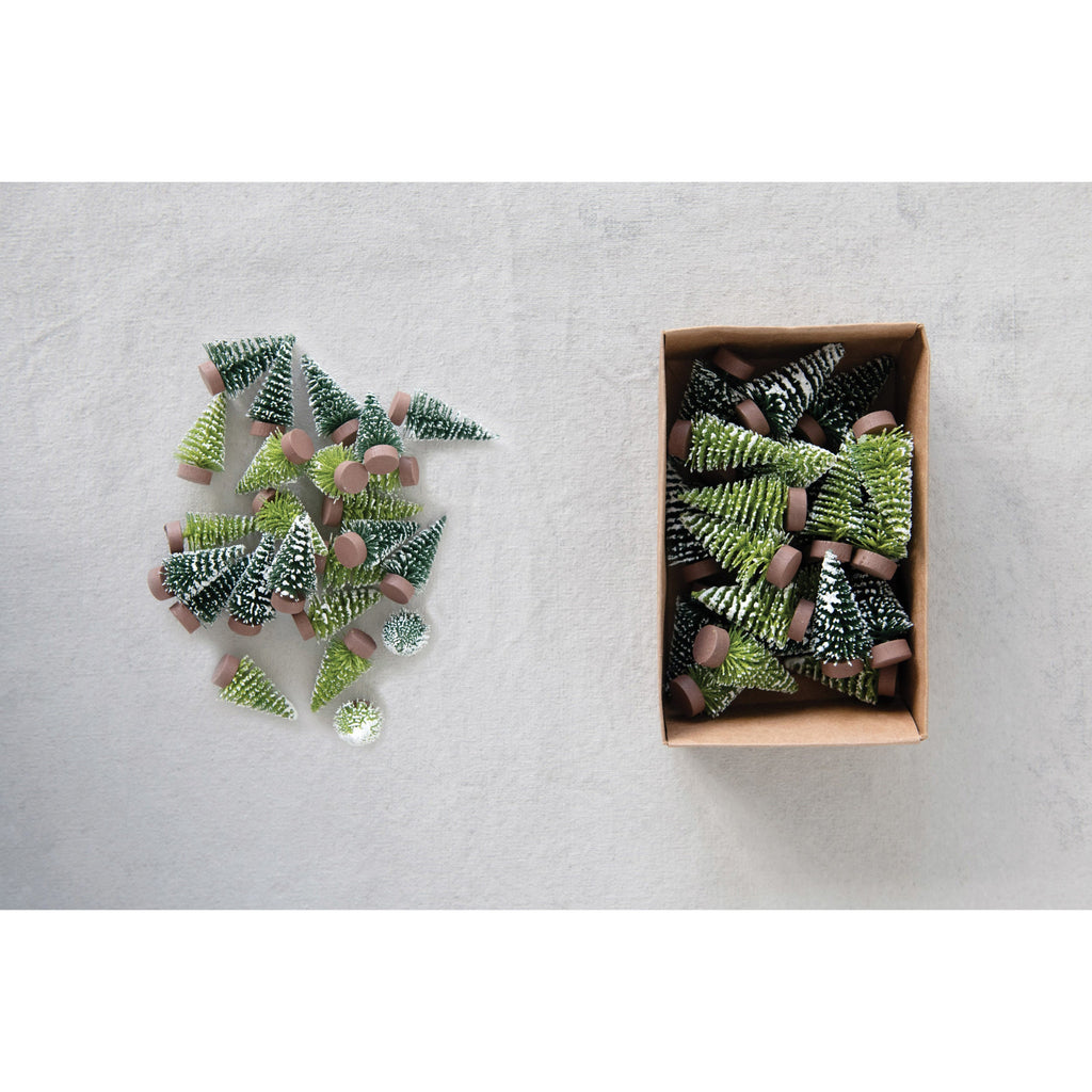 Flocked Mini Green Bottle Brush Trees (Set of 24)