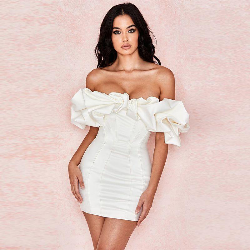Zari Satin Ruffles Off Shoulder White Mini Dress