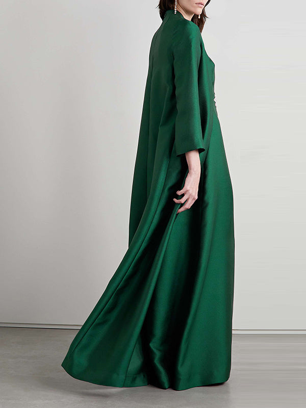 Loose Fit Long Sleeve Embroidered Evening Dress in Solid Color