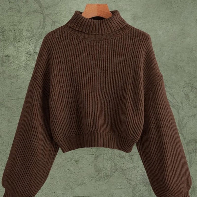 Solid Color Turtleneck Ribbed Lantern Sleeve Sweater