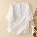 Embroidered Cotton Linen Loose Fit Round Neck Top