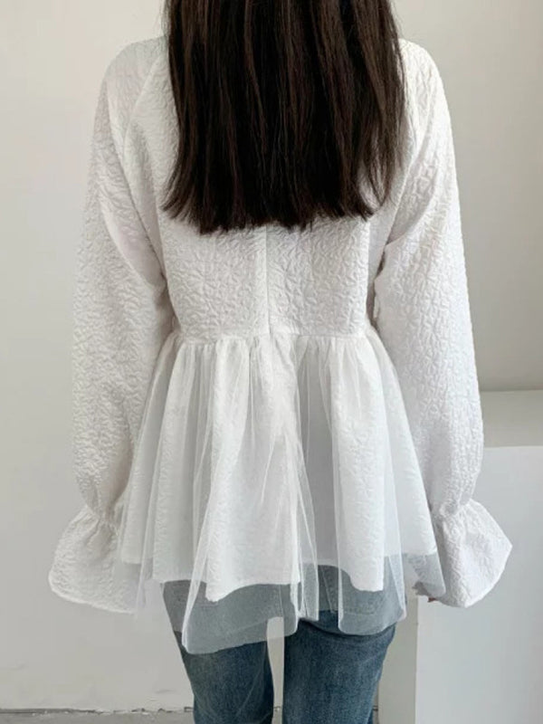 A-Line Flared Sleeves Elasticity Mesh Solid Color Split-Joint Round-Neck Blouses&Shirts Tops