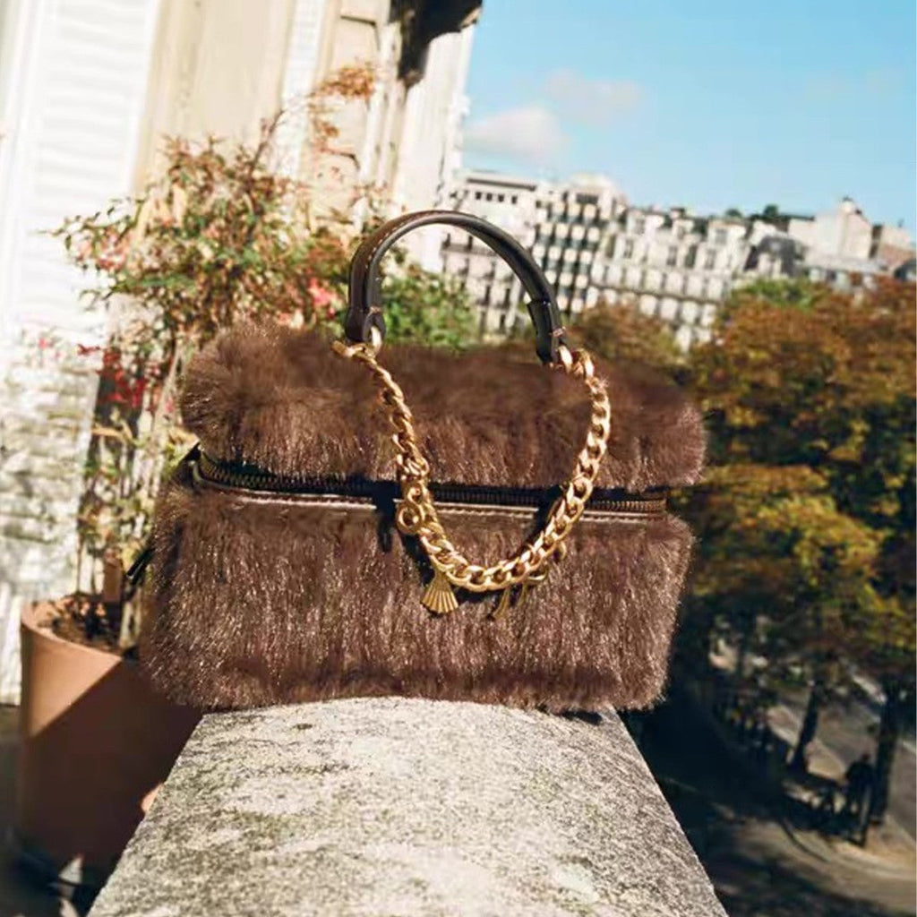 Chic Plush Chain Crossbody Bag – Synthetic Leather Mini Handbag for Women | Coffee Brown