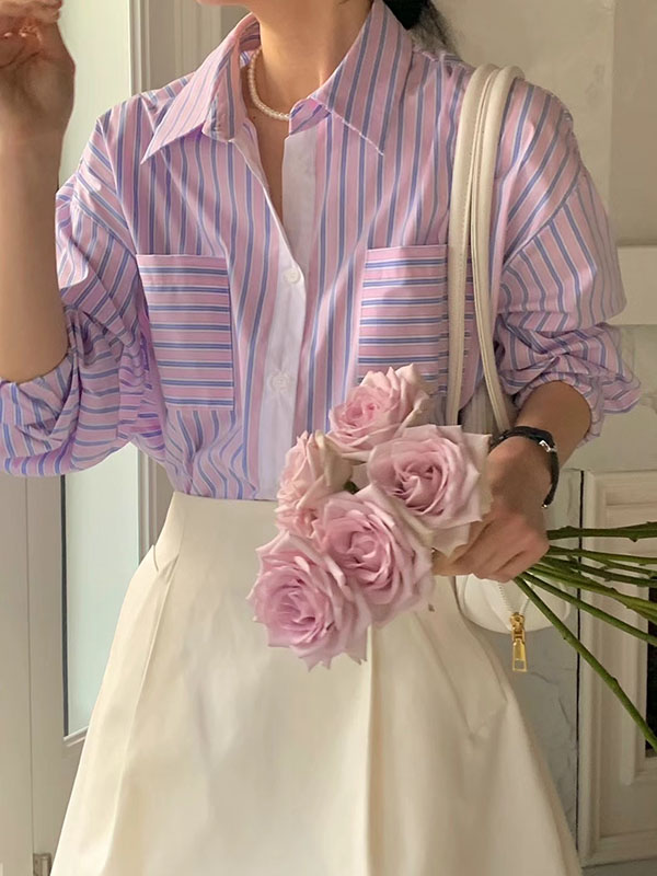 Long Sleeves Loose Buttoned Contrast Color Pockets Striped Lapel Blouses&Shirts Tops