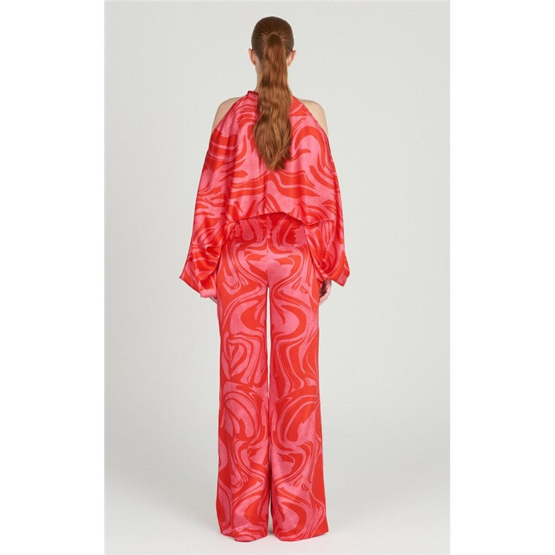 Printing Halterneck Hollow Shoulders Long Sleeve Top And Wide Leg Pants Two Pieces Suits