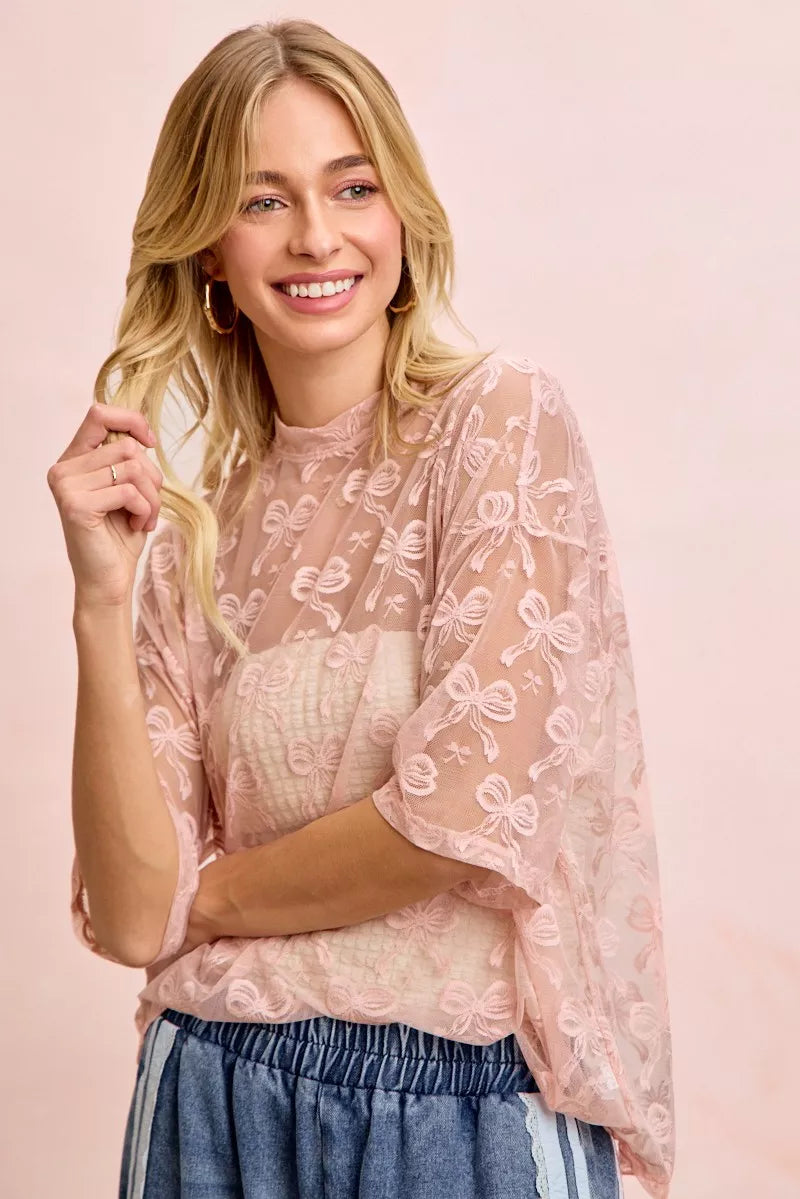 Bow Pattern Short Sleeves Boxy Mesh Top