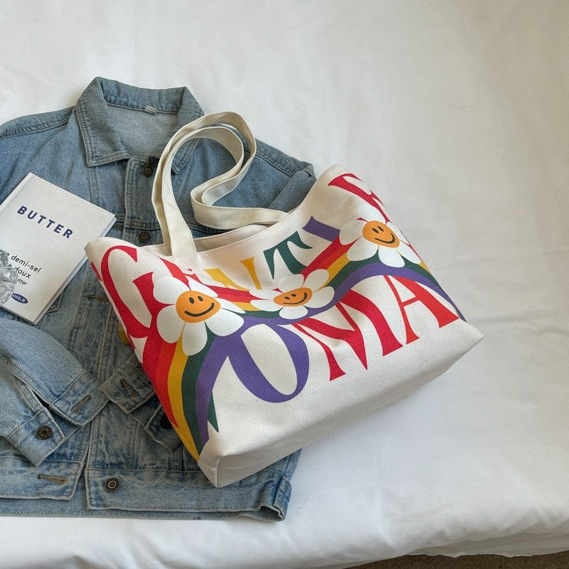 Colorful Rainbow Print Oversized Canvas Shoulder Bag