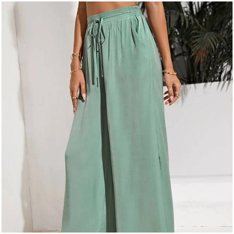 Elevated Solid Color High-Waisted Tie-Up Wide-Leg Trousers
