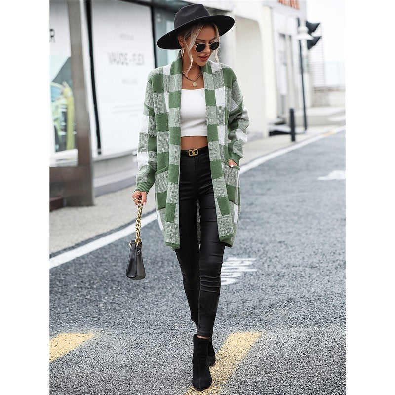 Contrast Color Long Sleeve Plaid Casual Loose Knitted Cardigan