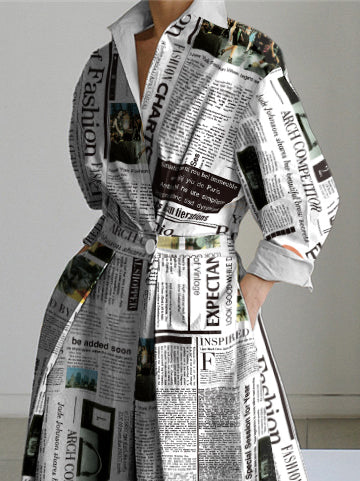 Loose Fit Long Sleeve Midi Dress with Letter Print and Lapel Collar