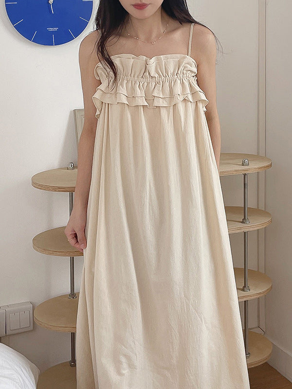 Loose Sleeveless Elasticity Pleated Ruffled Solid Color Spaghetti-Neck Midi Dresses Pajama Dress