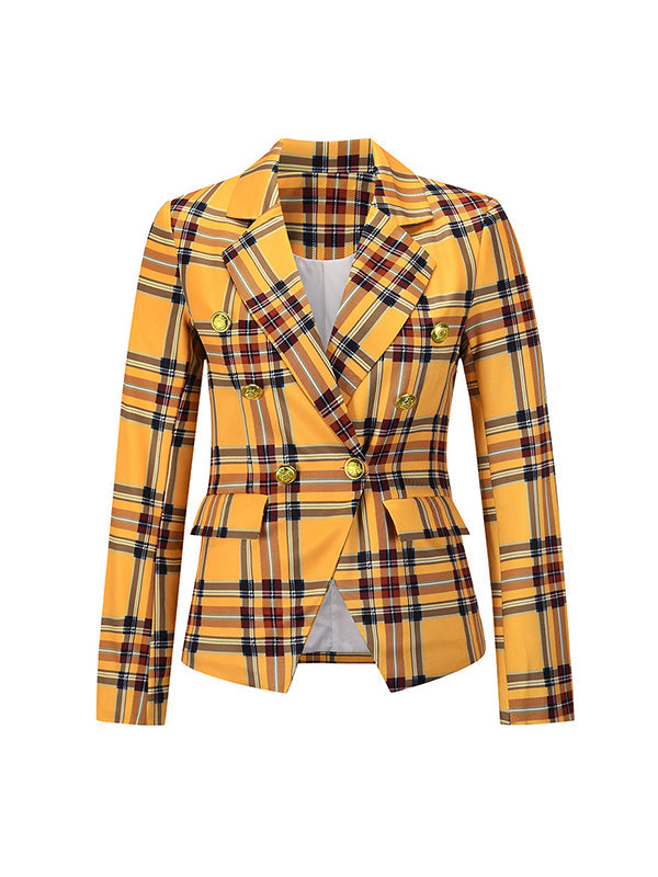 Long Sleeves Loose Buttoned Plaid Pockets Notched Collar Blazer Outerwear