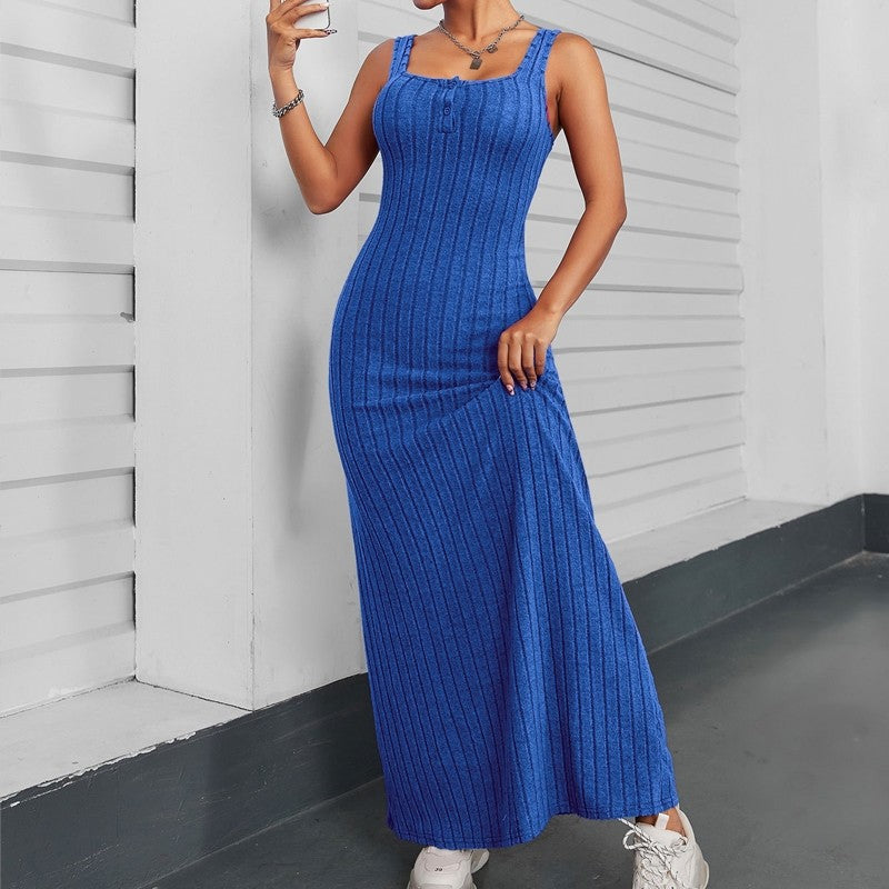 Solid Color Sleeveless Square Neck Long Knitted Dress