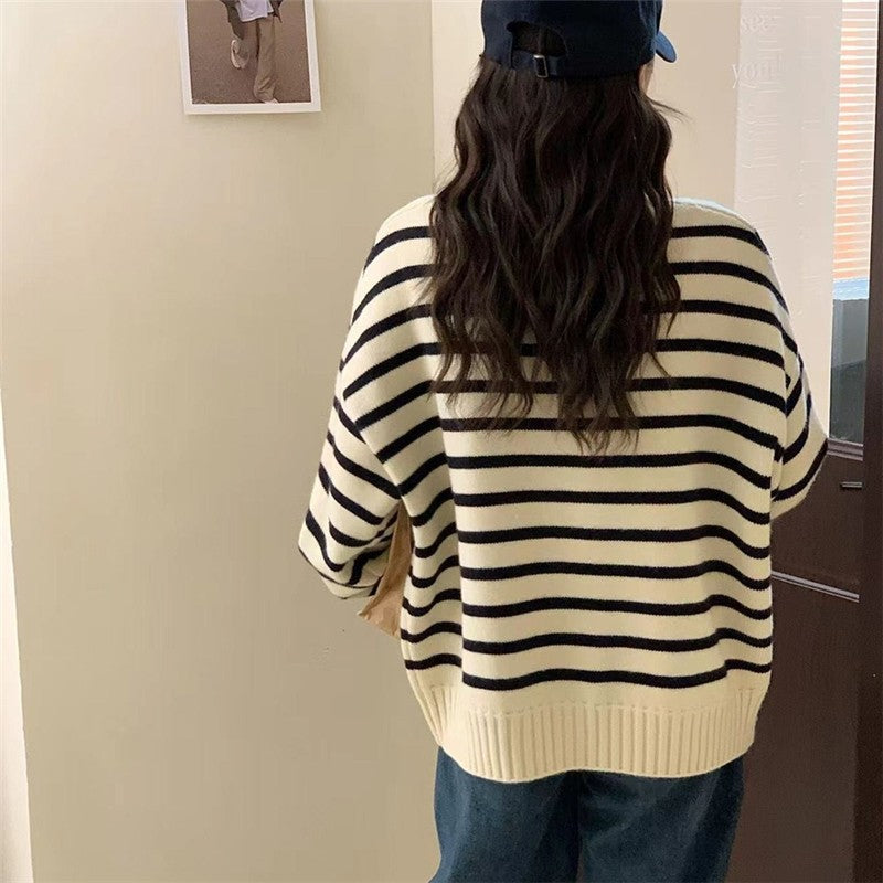 Long Sleeve Lapel Zipper Striped Casual Loose Knitted Cardigan Sweater