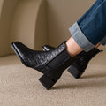 Retro Woven Square-Toe Chunky-Heel Women's Full-Grain Leather Boots with Elastic Side Panels