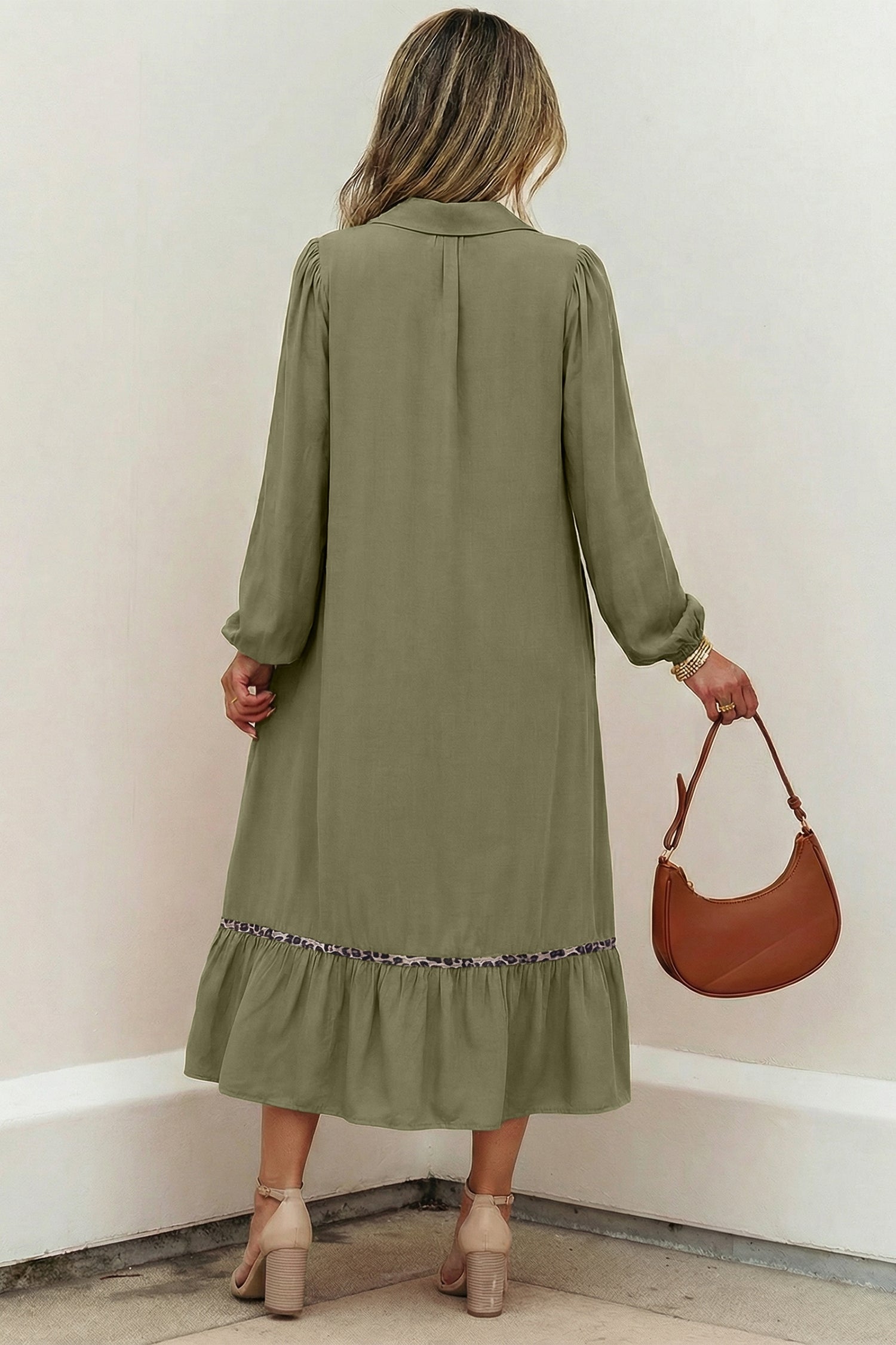 Four Leaf Clover Collared V Neck Smocked Detail Contrast Leopard Trim Bracelet Sleeve Long Dress