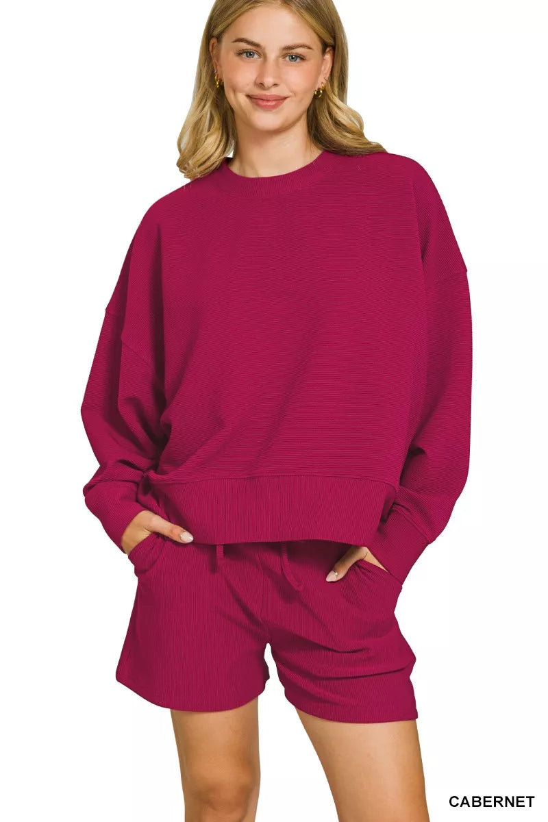 Ribbed Round Neck Pullover and Shorts Set