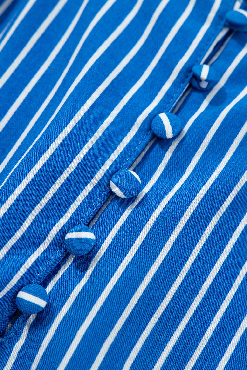 Blue Stripe Ruffled Short Puff Sleeve Button Front Blouse