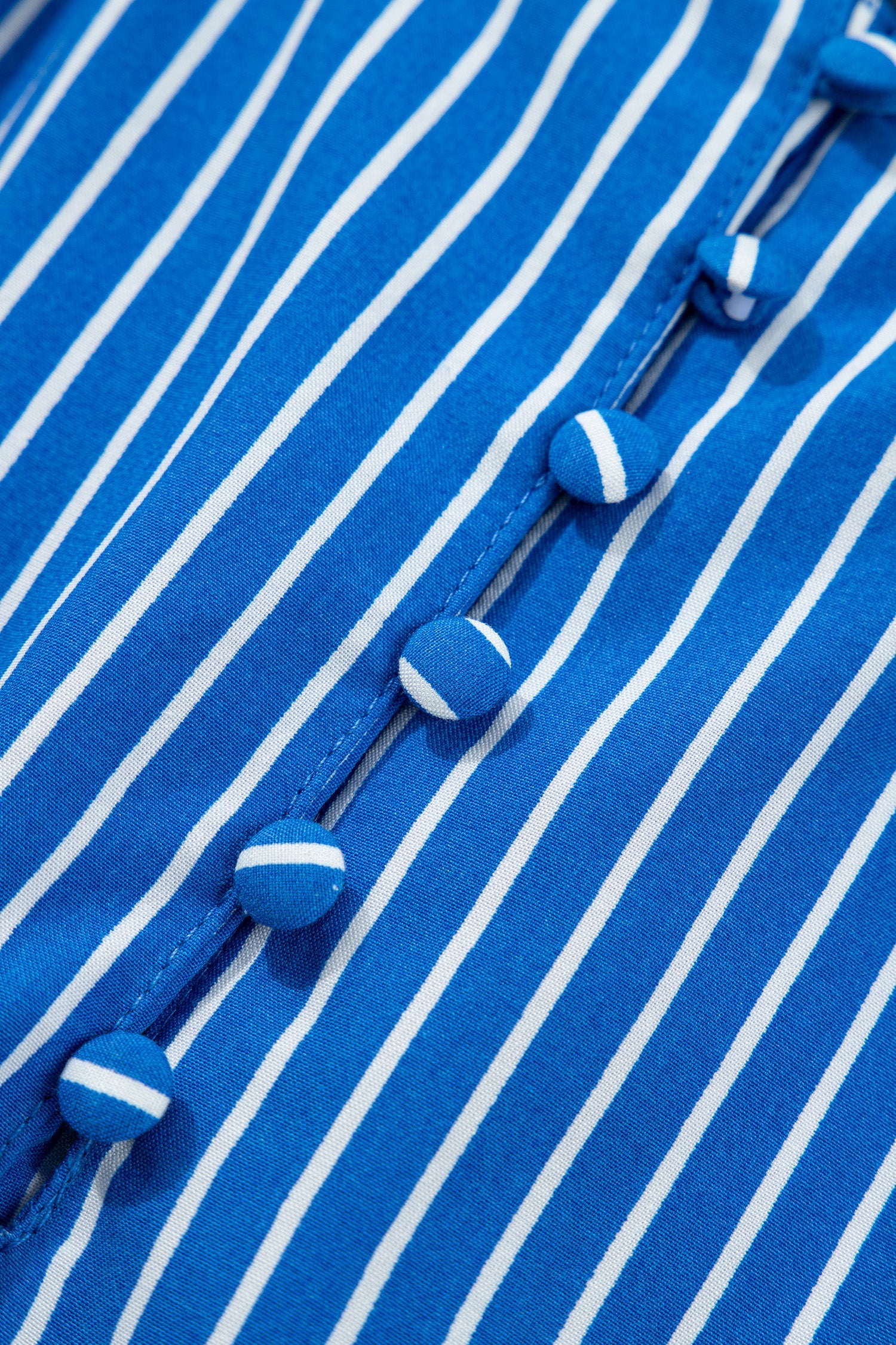 Blue Stripe Ruffled Short Puff Sleeve Button Front Blouse