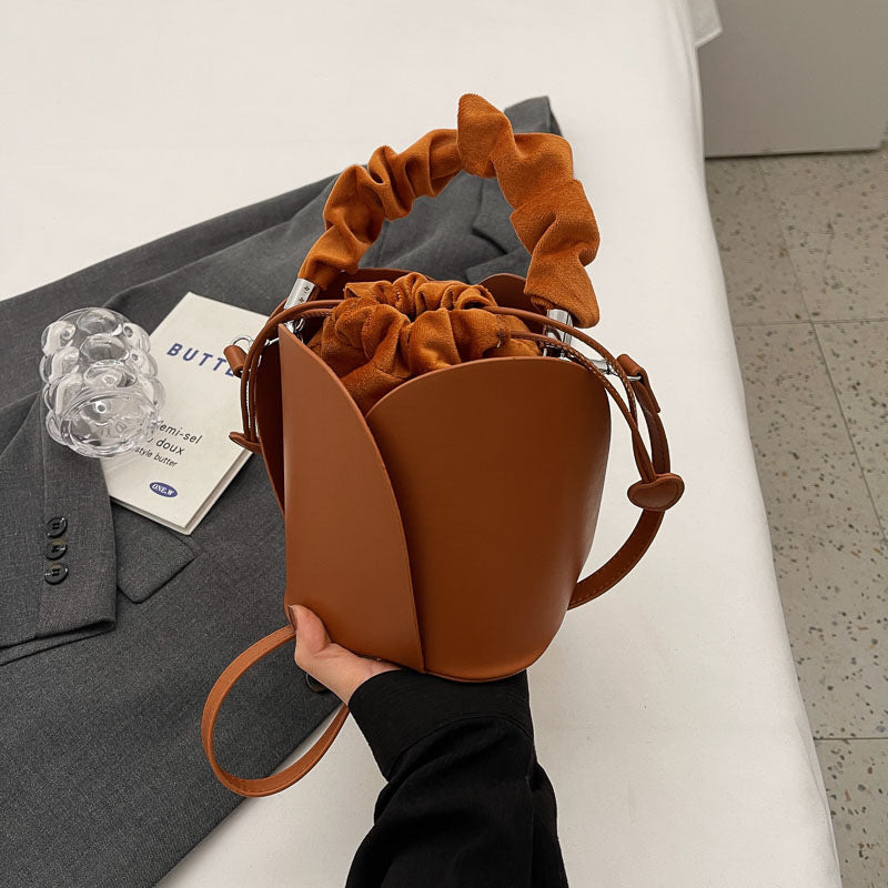 Women's PU Leather Bucket Tote Crossbody Bag – Pleated Oval Shoulder Bag