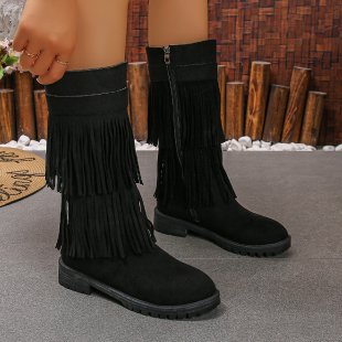Women's High-Shaft Tassel Boots | Casual PU Leather Side Zipper Boots