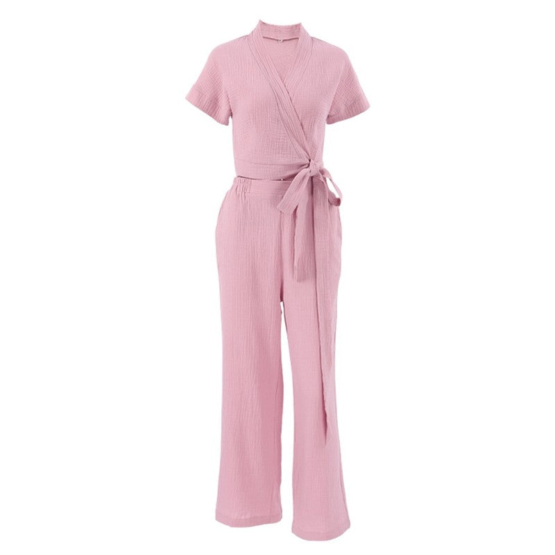 Solid Color V-Neck Bandage Top and Pants Set - Short Sleeve Loungewear