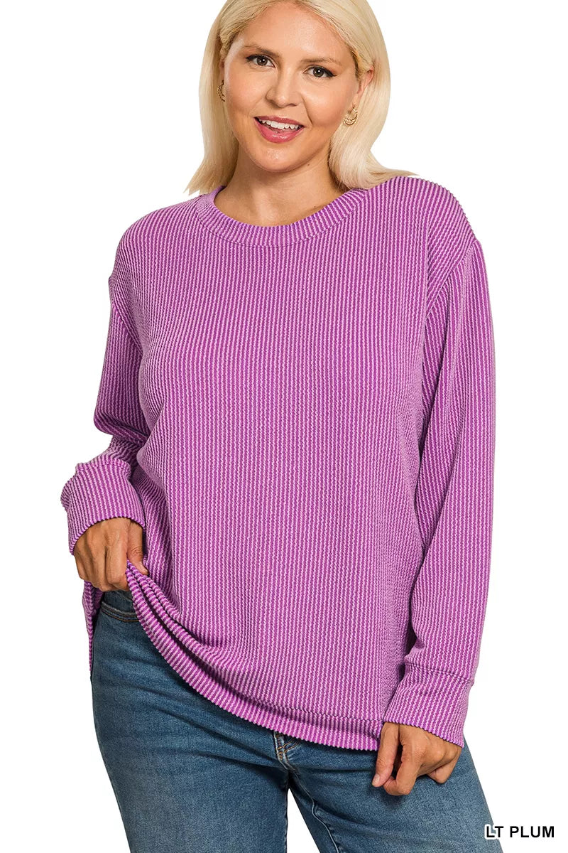 Full Size Raised Rib Round Neck Long Sleeve Top Plus Size