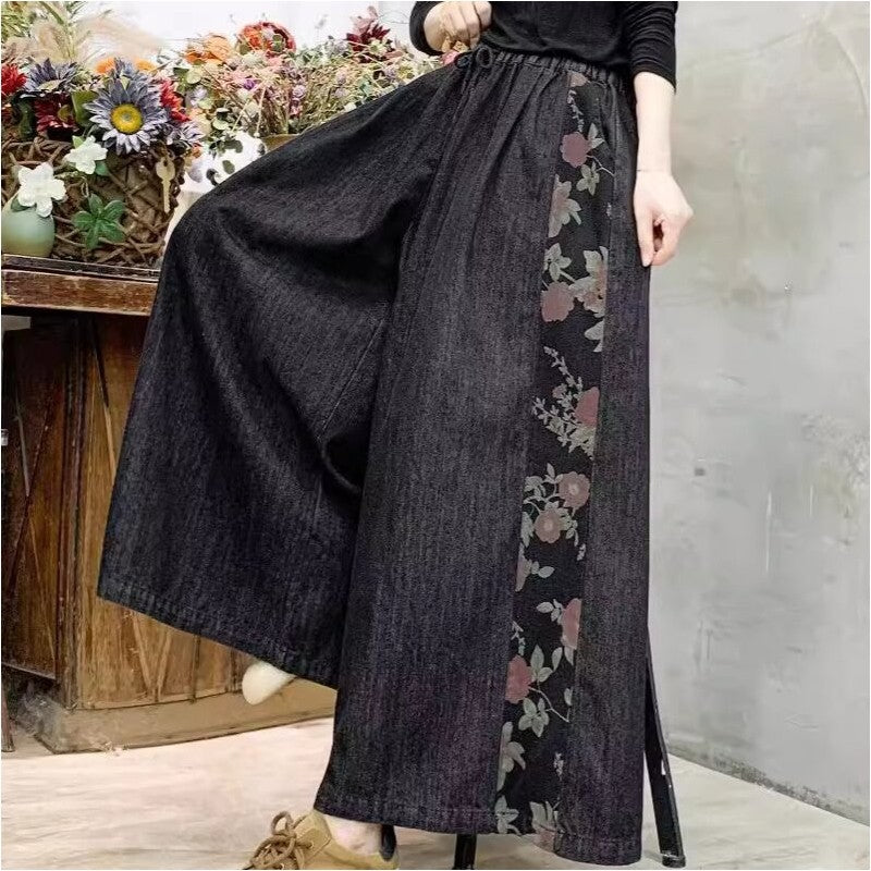 High Waisted Tie-Waist Wide Leg Pants With Floral Print