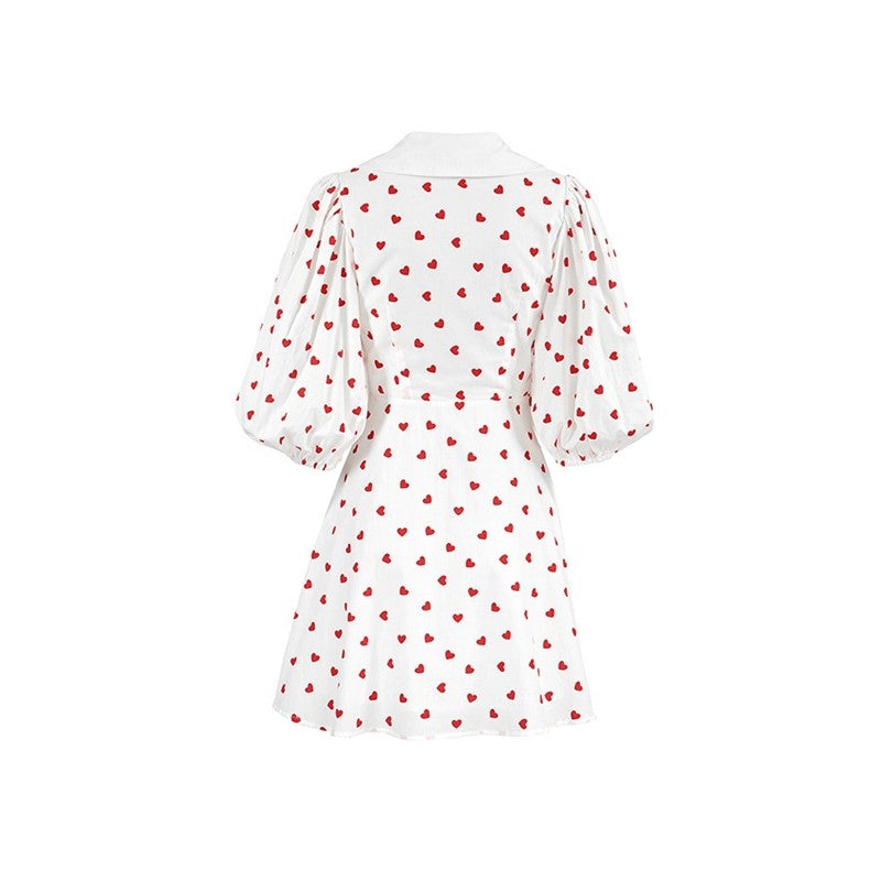 Printed Bubble Sleeve Dress with Cinched Waist, Lapel, and Minimalist Styling