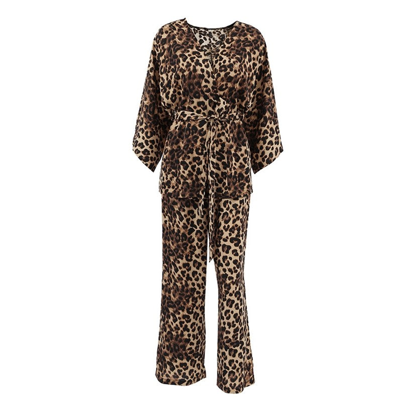 Leopard Print Tie-Waist Robe and Pants Ensemble
